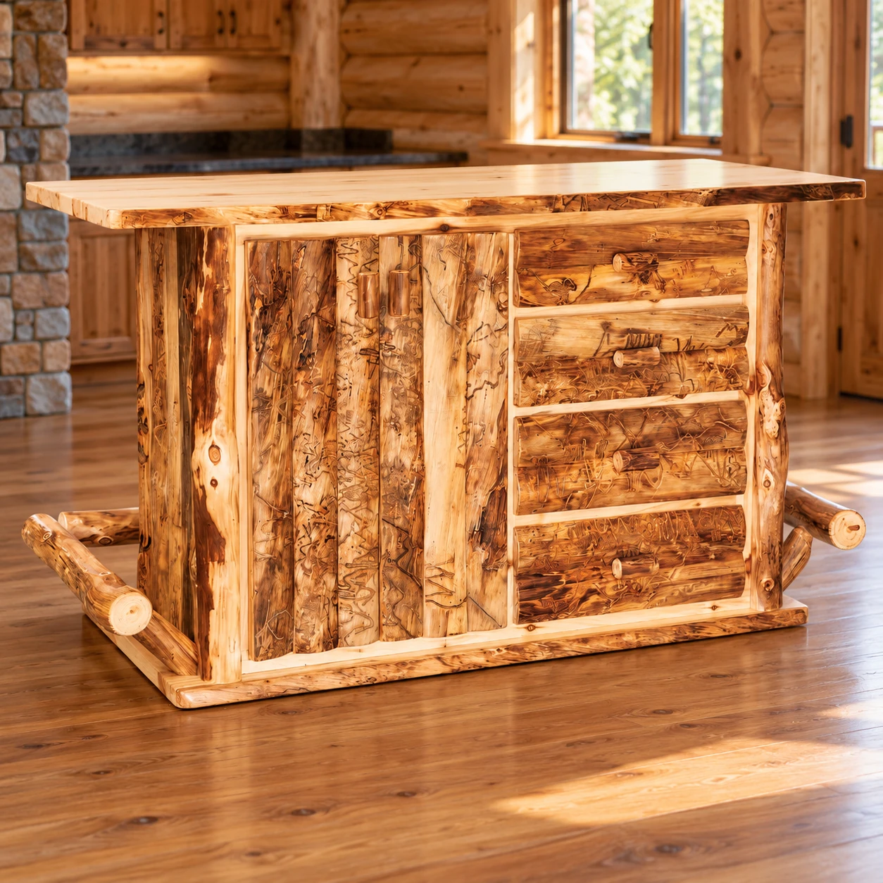 Timber Hollow Aspen Four-Drawer Kitchen Bar in a cabin dining room