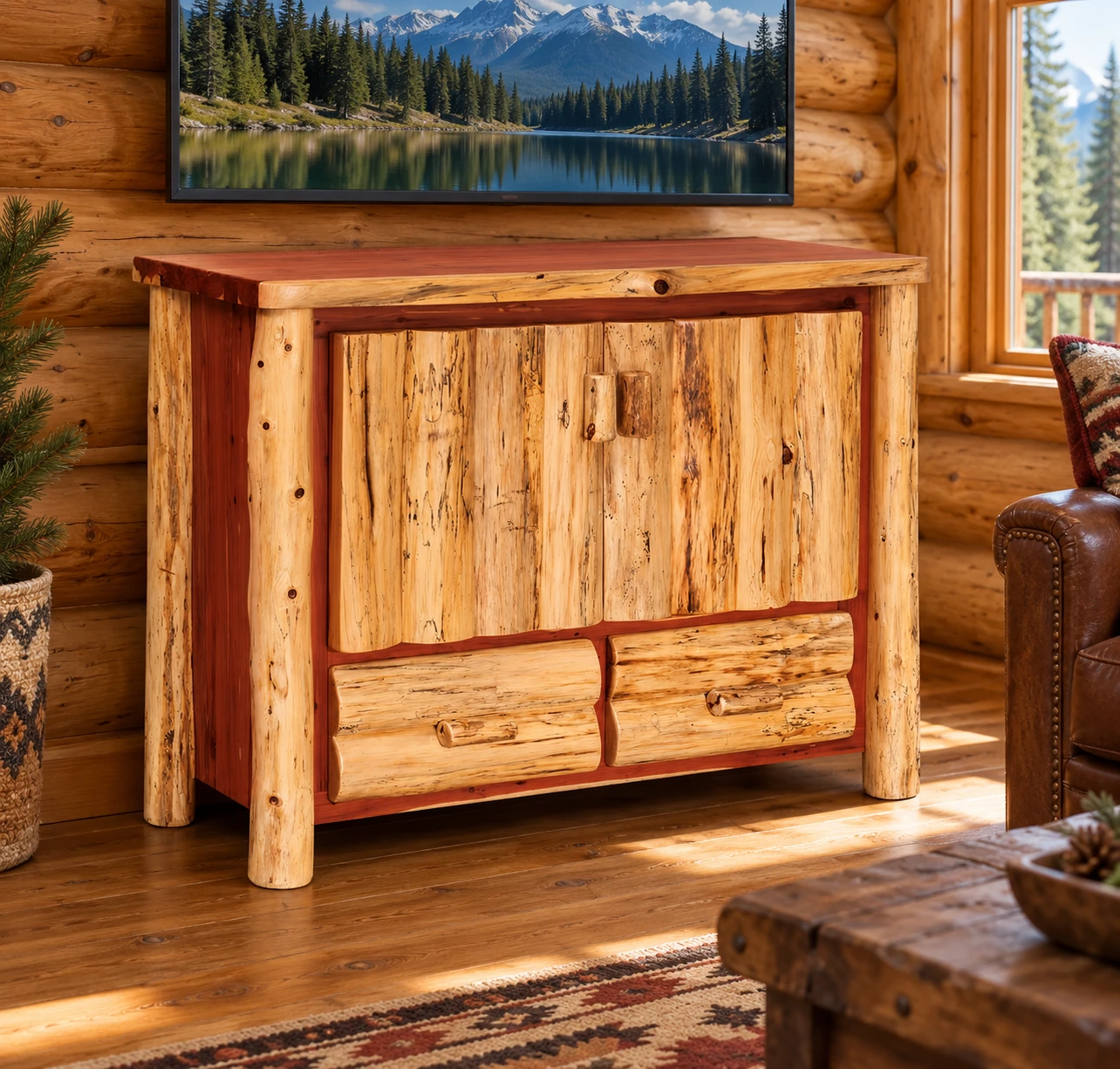 Timber Hollow Red Cedar Two-Drawer TV Storage Stand in a cabin living room