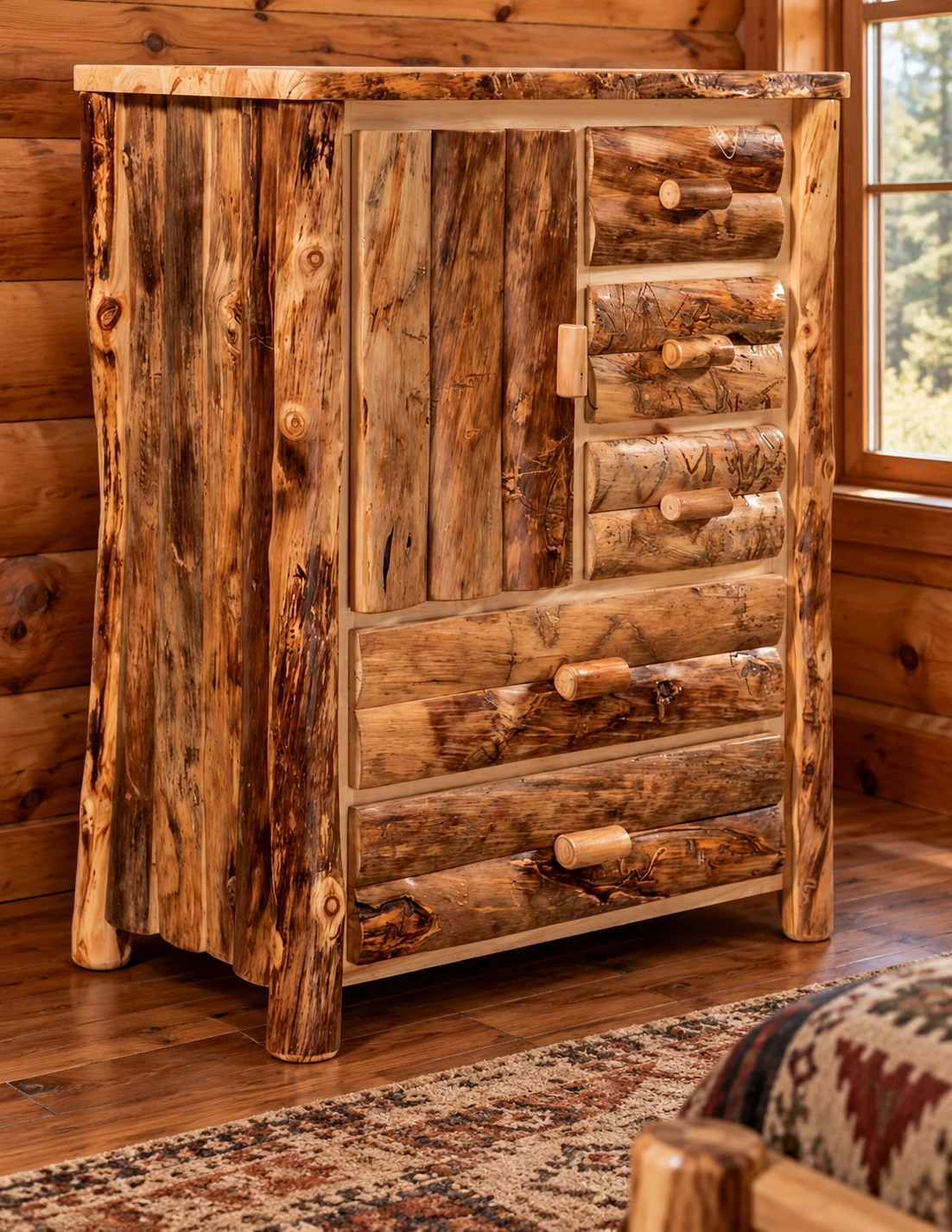 Timber Hollow Aspen Five-Drawer Armoire with Slab Sides in a cabin bedroom