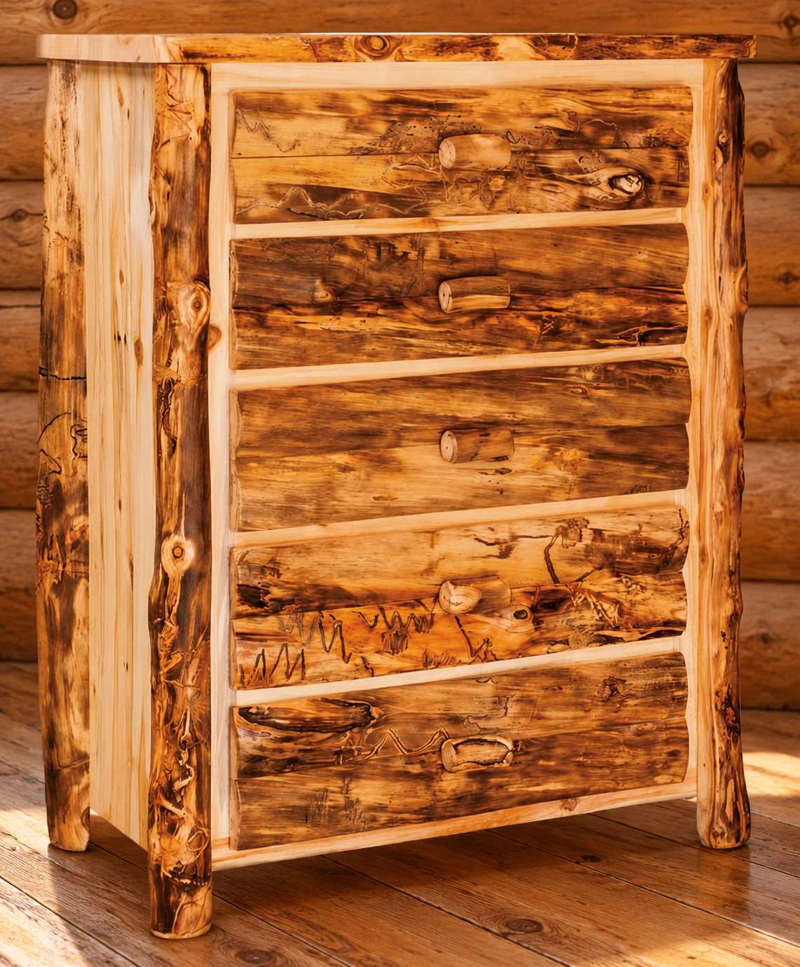Timber Hollow Aspen Five-Drawer Chest · Standard construction in a cabin bedroom