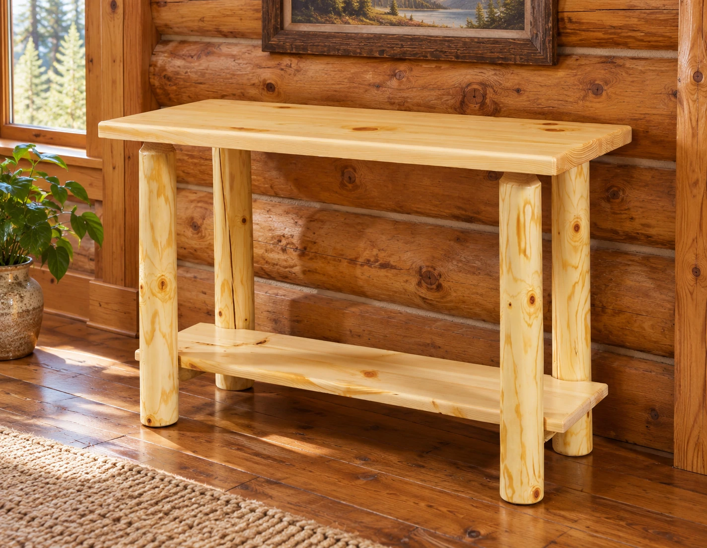 Timber Hollow Plain Pine Sofa Table with Shelf in a cabin living room