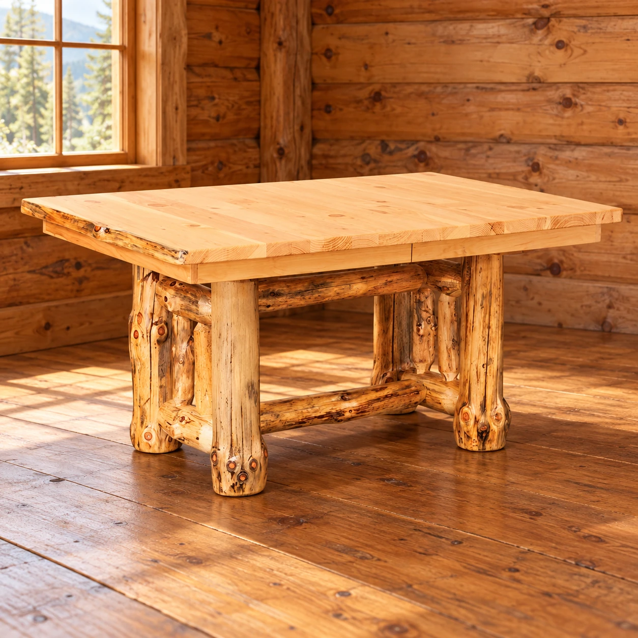 Timber Hollow Rustic Pine Two-Leaf Pedestal Dining Table in a cabin dining