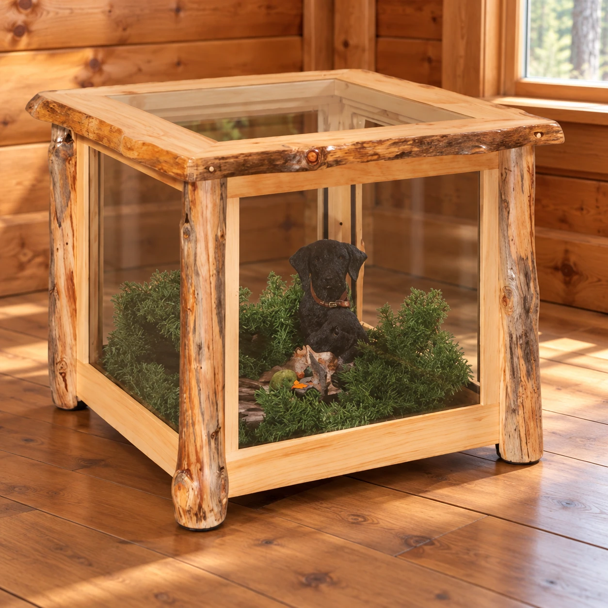 Timber Hollow Rustic Pine Glass-Panel End Table in a cabin living