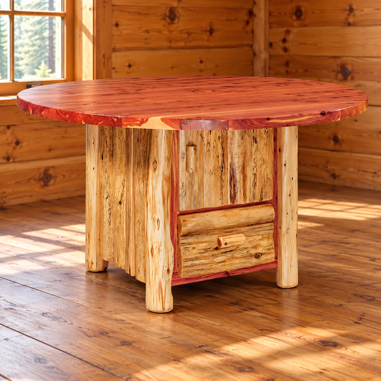 Timber Hollow Red Cedar Round Cabinet-Base Dining Table in a cabin dining