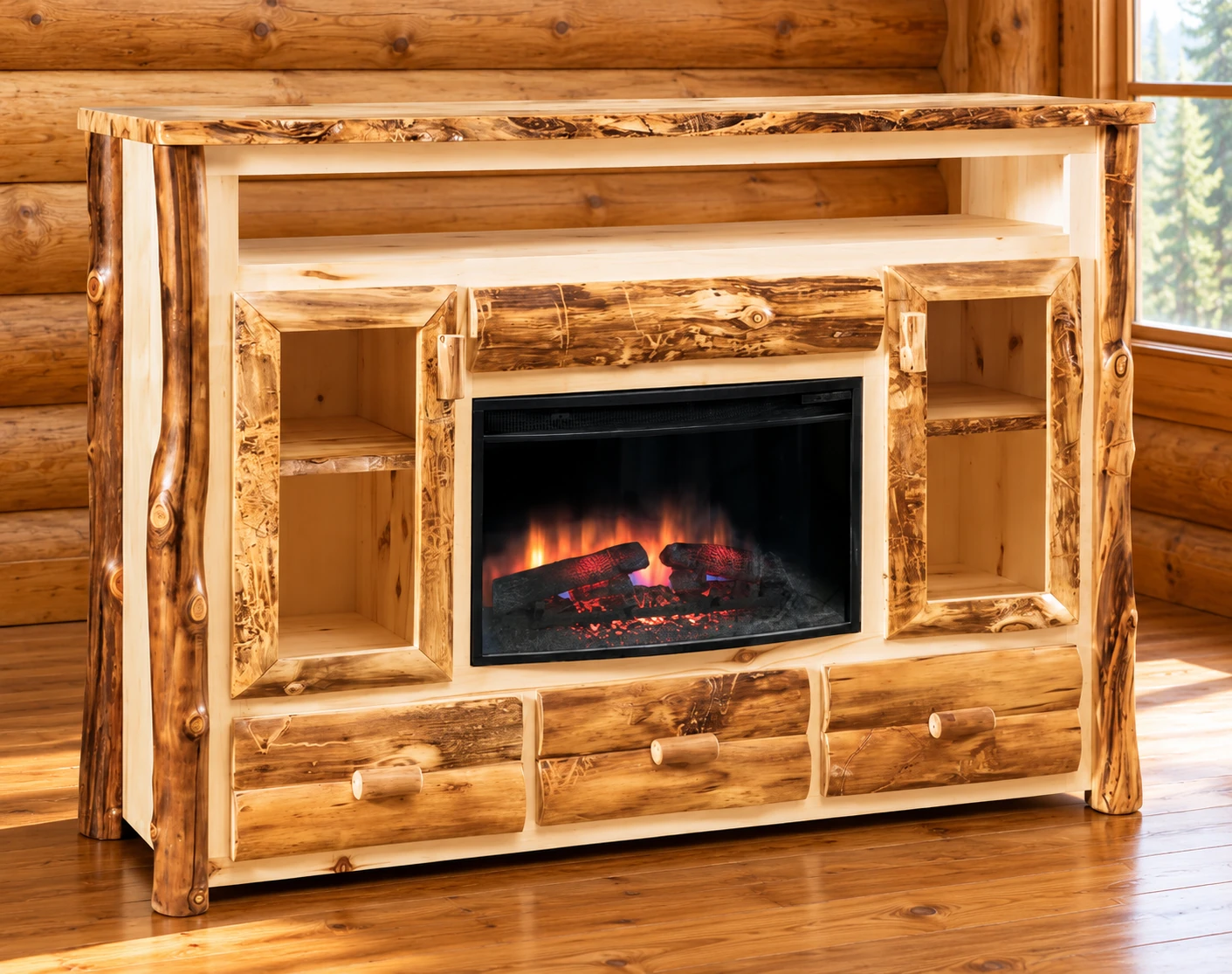 Timber Hollow Aspen Three-Drawer Fireplace Cabinet in a cabin living room