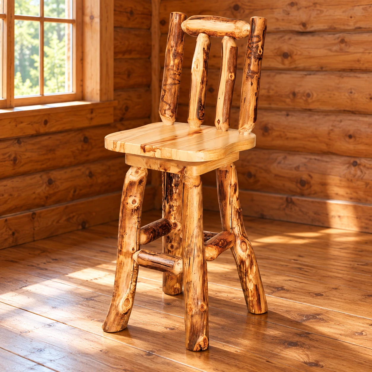 Timber Hollow Rustic Pine Swivel Counter Stool in a cabin dining