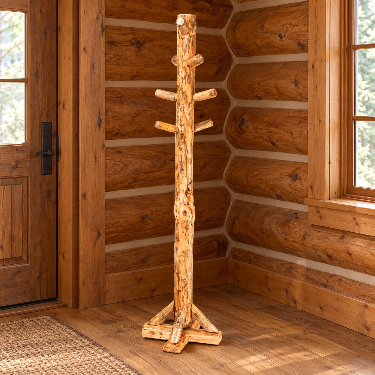 Timber Hollow Rustic Pine Branch-Peg Coat Tree in a cabin living room
