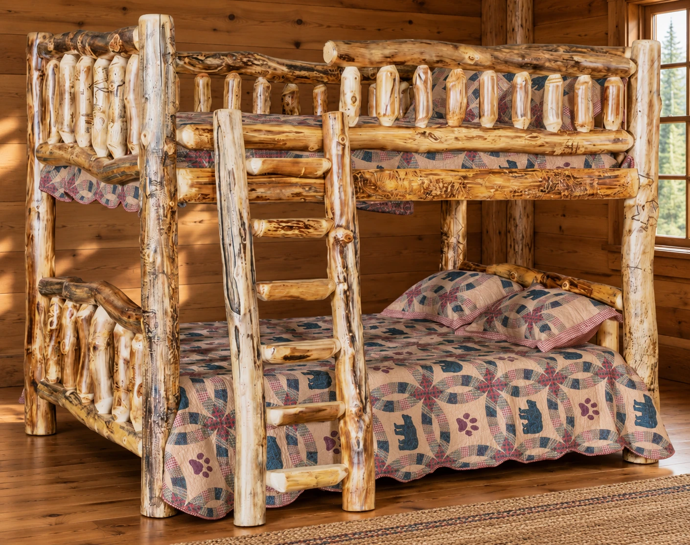 Timber Hollow Aspen Full-over-Queen Bunk Bed with Left Opening in a cabin bedroom