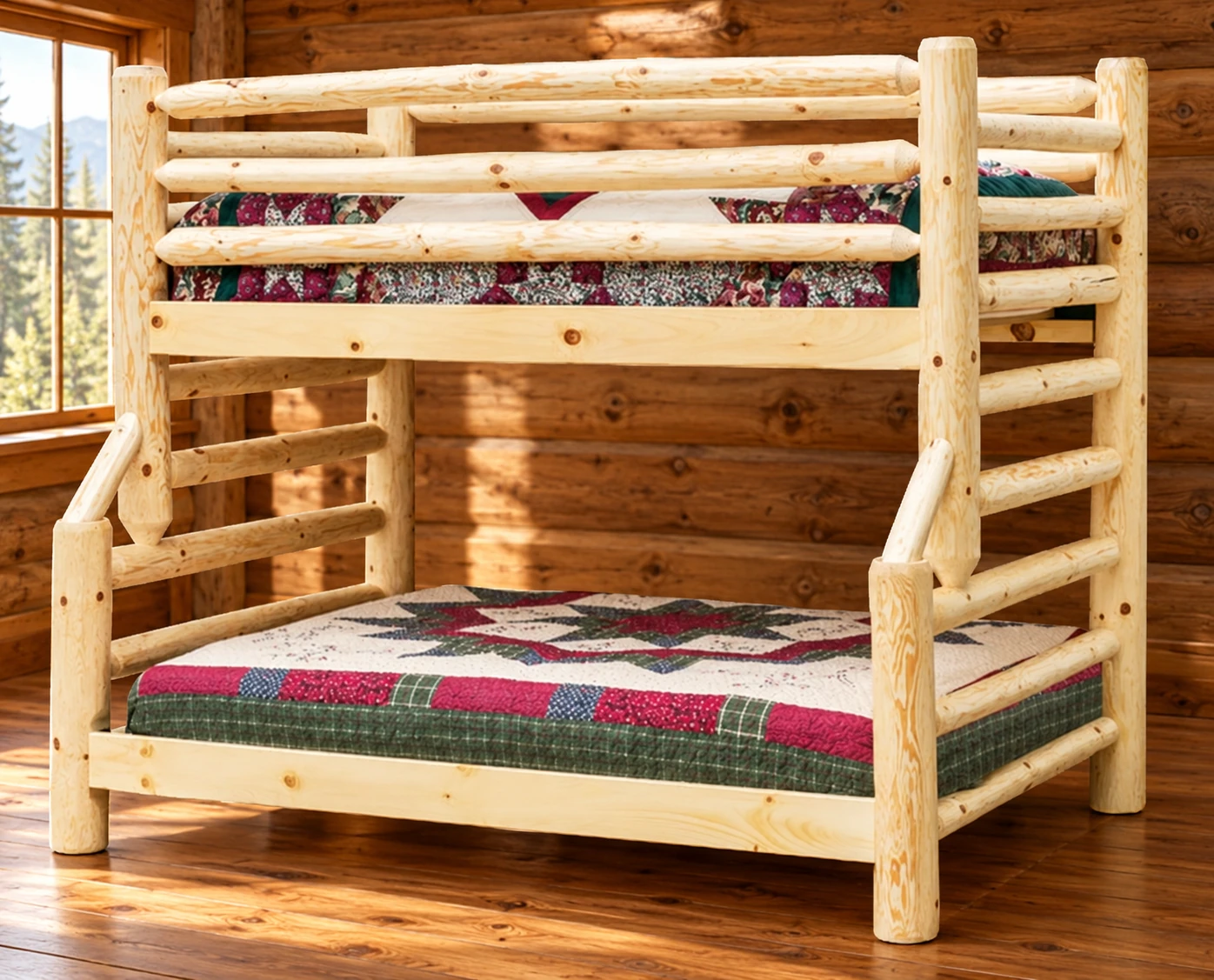 Timber Hollow Plain Pine Full-over-Twin Flat-Rail Bunk Bed in a cabin bedroom