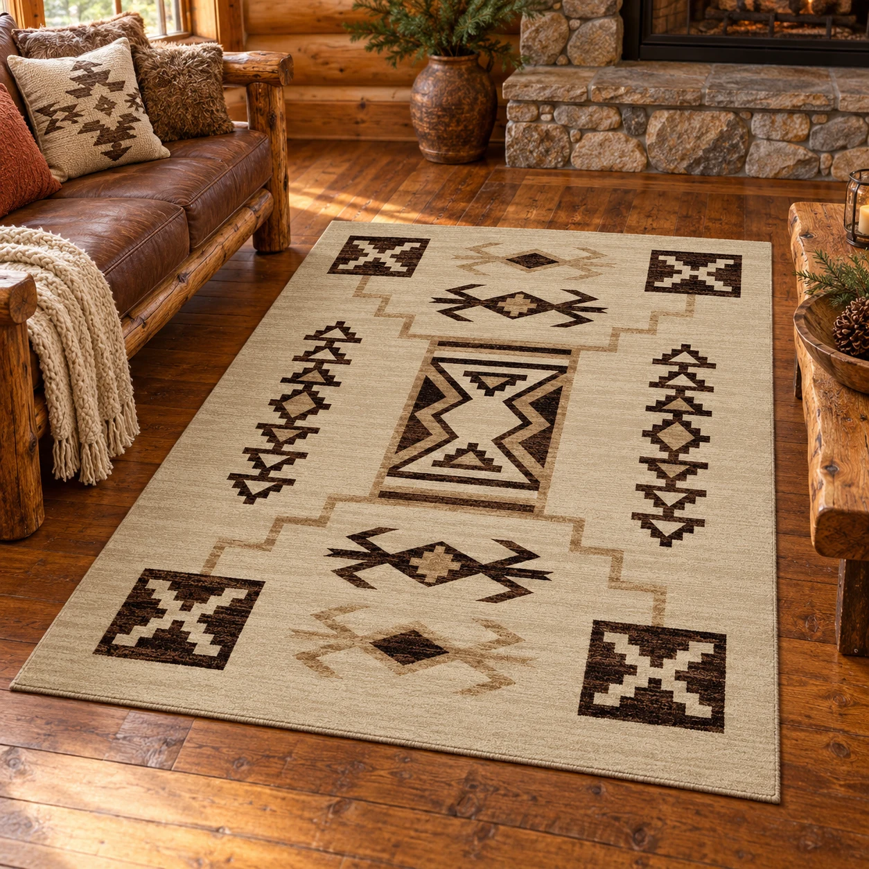 Mesa Trail Ivory Lodge Rug in a rustic cabin
