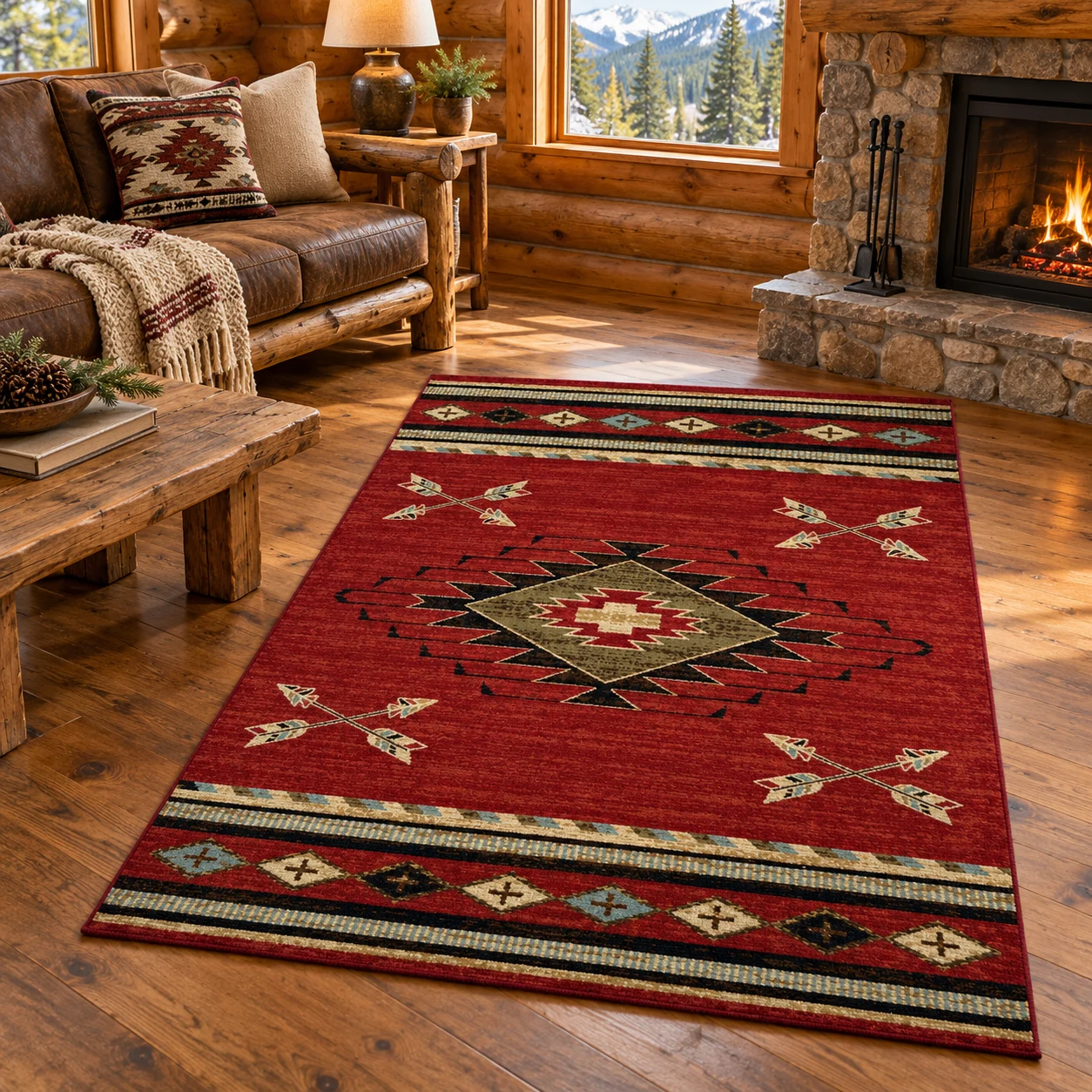 Rustwood Arrow Border Red Rug in a rustic cabin