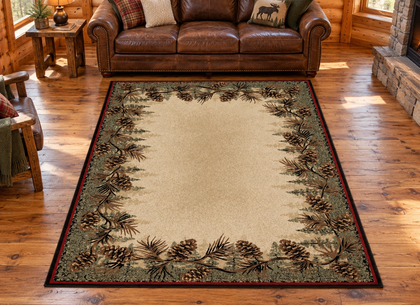 Ridgepath Pinecone Woodland Rug in a rustic cabin