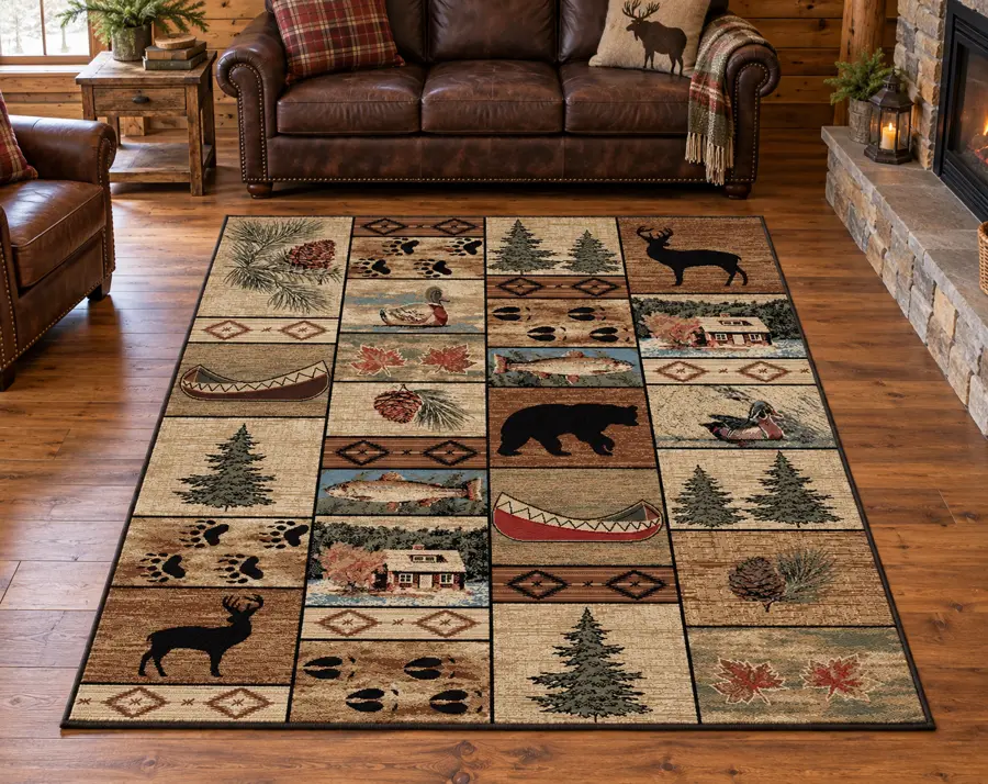 Mountain Haven Wildlife Patchwork Rug in a rustic cabin
