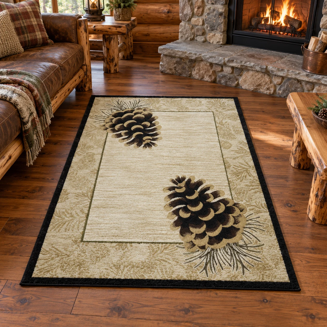 Pinecone Hollow Cream Cabin Rug in a rustic cabin