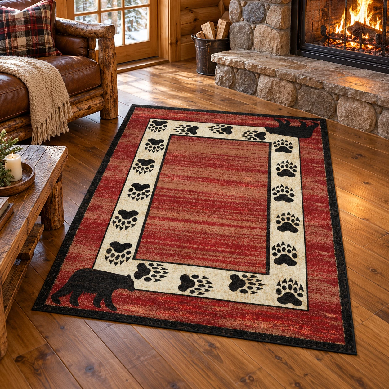 Bear Track Red Cabin Rug in a rustic cabin