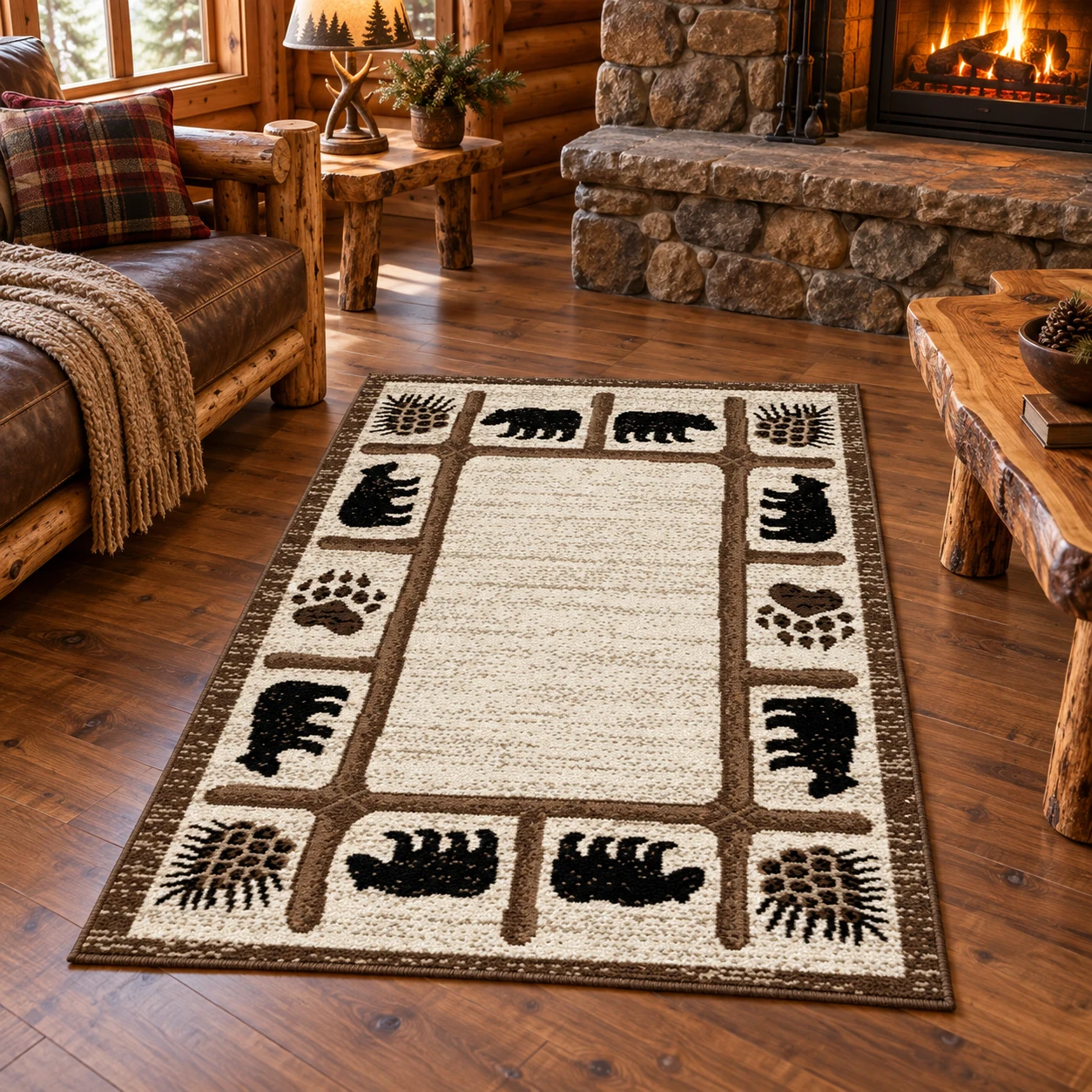 Forest Bears Cream Border Rug in a rustic cabin