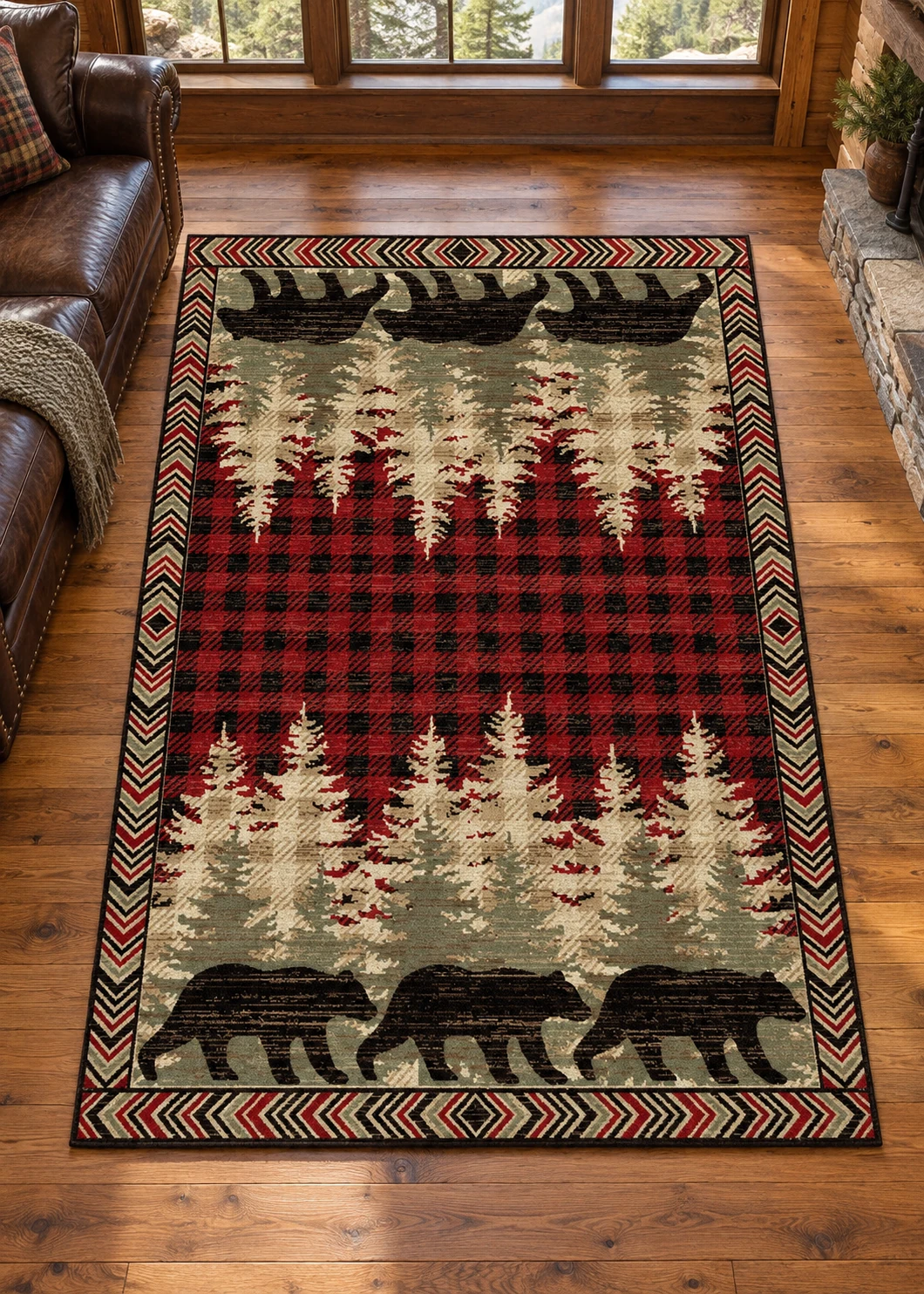 Pine Ridge Bear Plaid Rug in a rustic cabin
