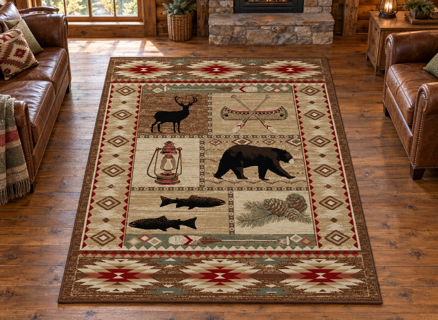 Campwood Wildlife Patchwork Rug in a rustic cabin