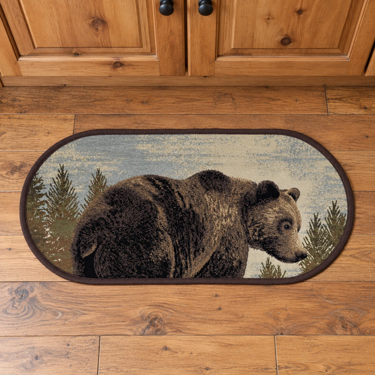 Pinewatch Bear Oval Entry Rug in a rustic cabin