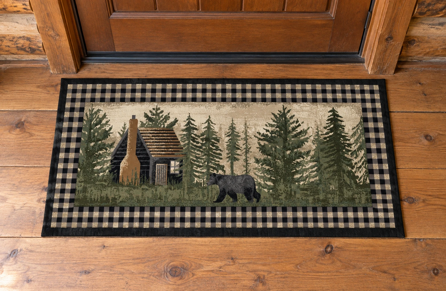 Fireside Hollow Cabin Entry Rug in a rustic cabin