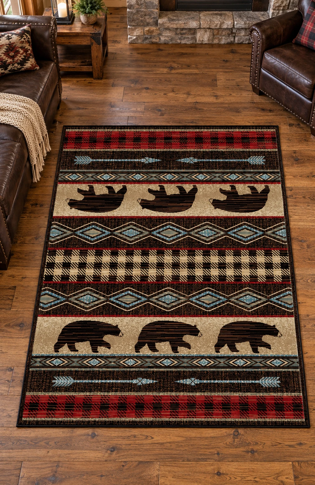 Meadow Trail Bear Patchwork Rug in a rustic cabin