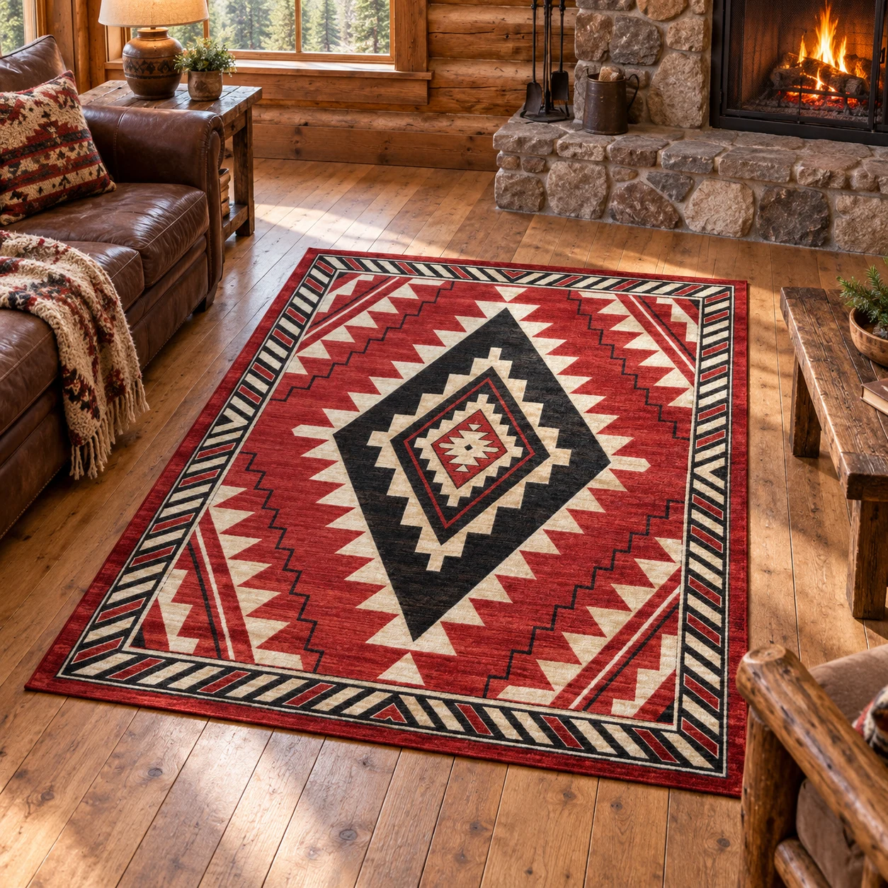 Canyon Ridge Red Geometric Rug in a rustic cabin