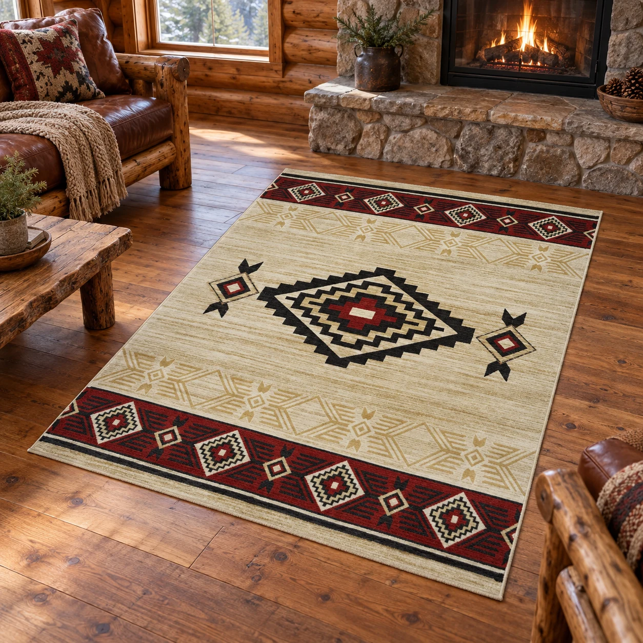 Desert Crossing Beige Lodge Rug in a rustic cabin