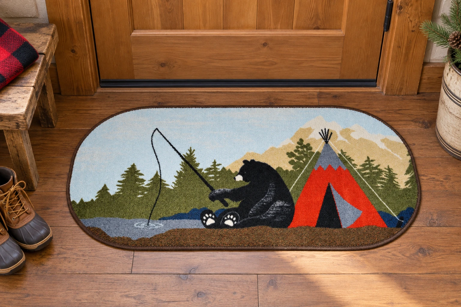 Trail Camp Fishing Bear Entry Rug in a rustic cabin