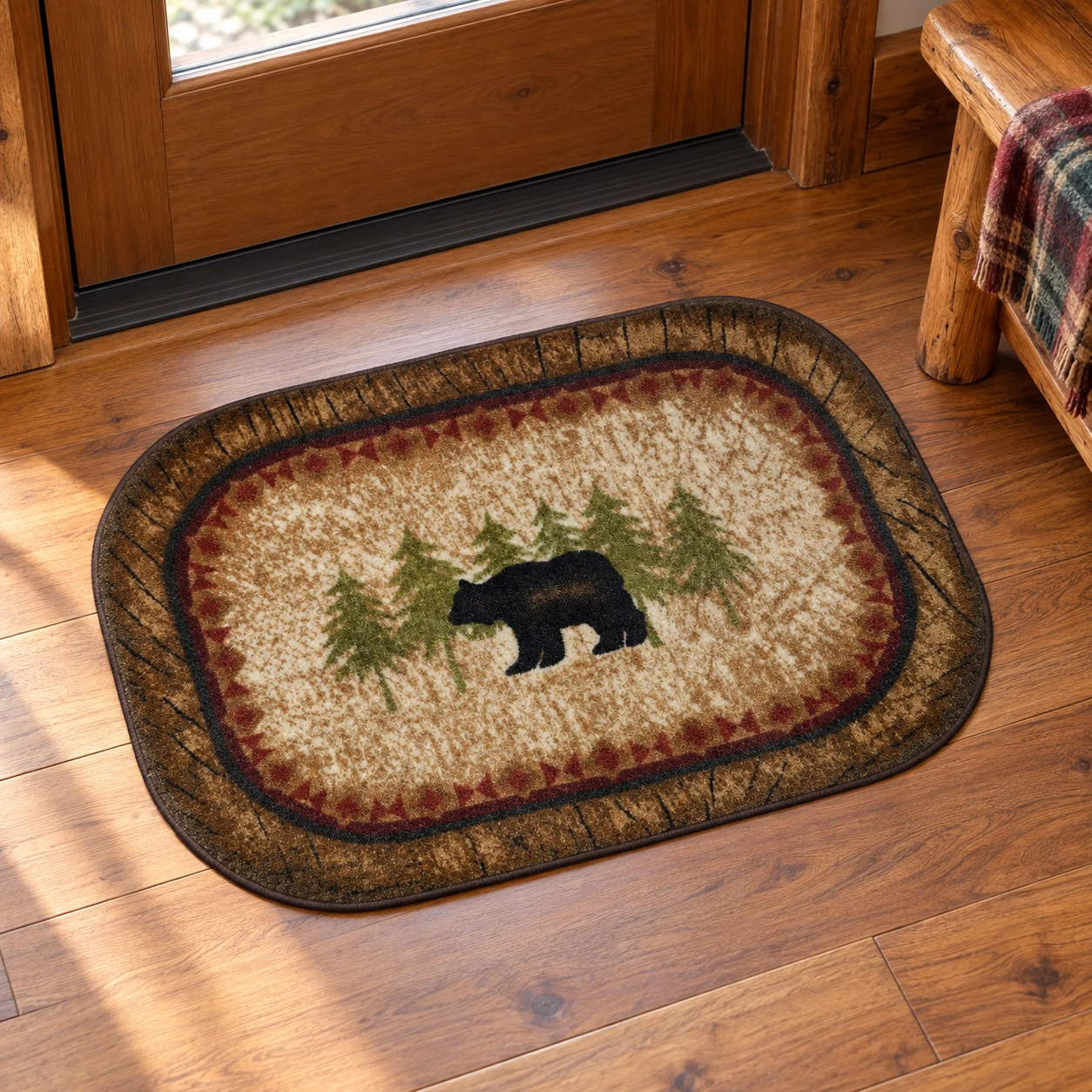 Pinebank Bear Entry Rug in a rustic cabin