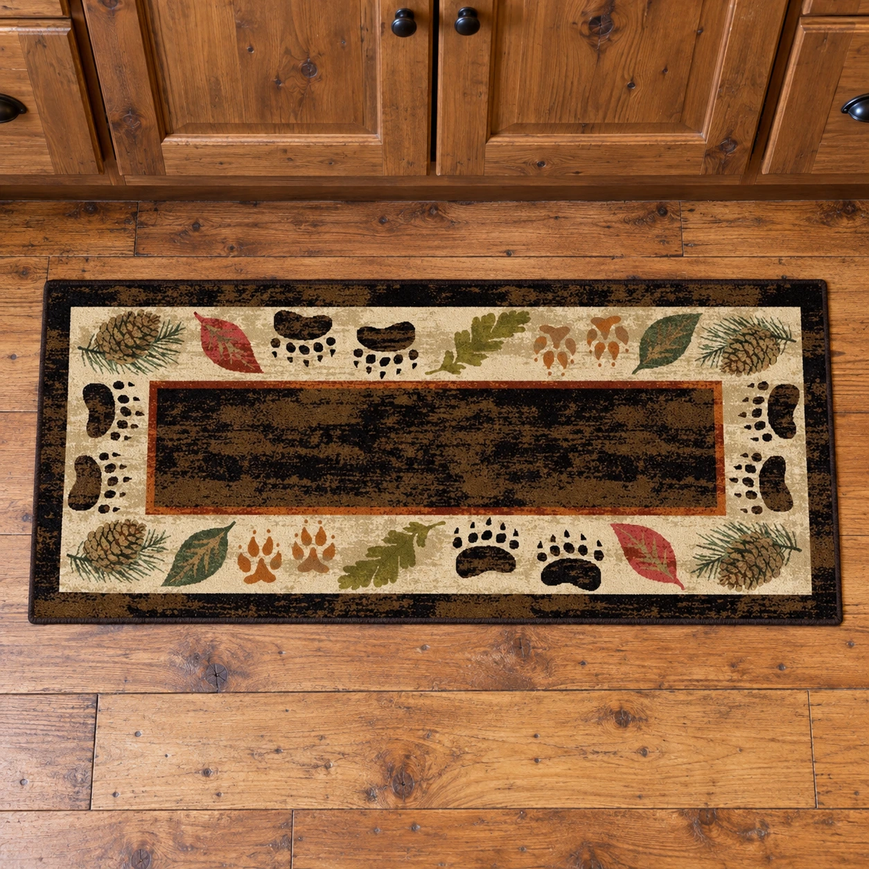 Cabin Compass Pinecone Entry Rug in a rustic cabin