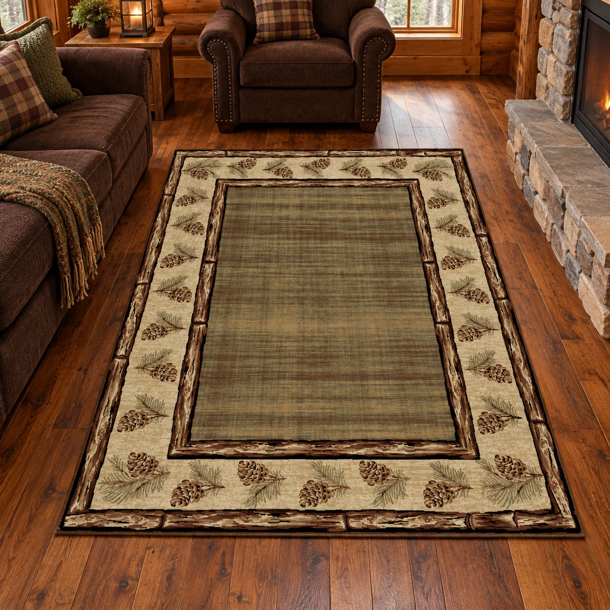 Forest Hearth Pinecone Border Rug in a rustic cabin