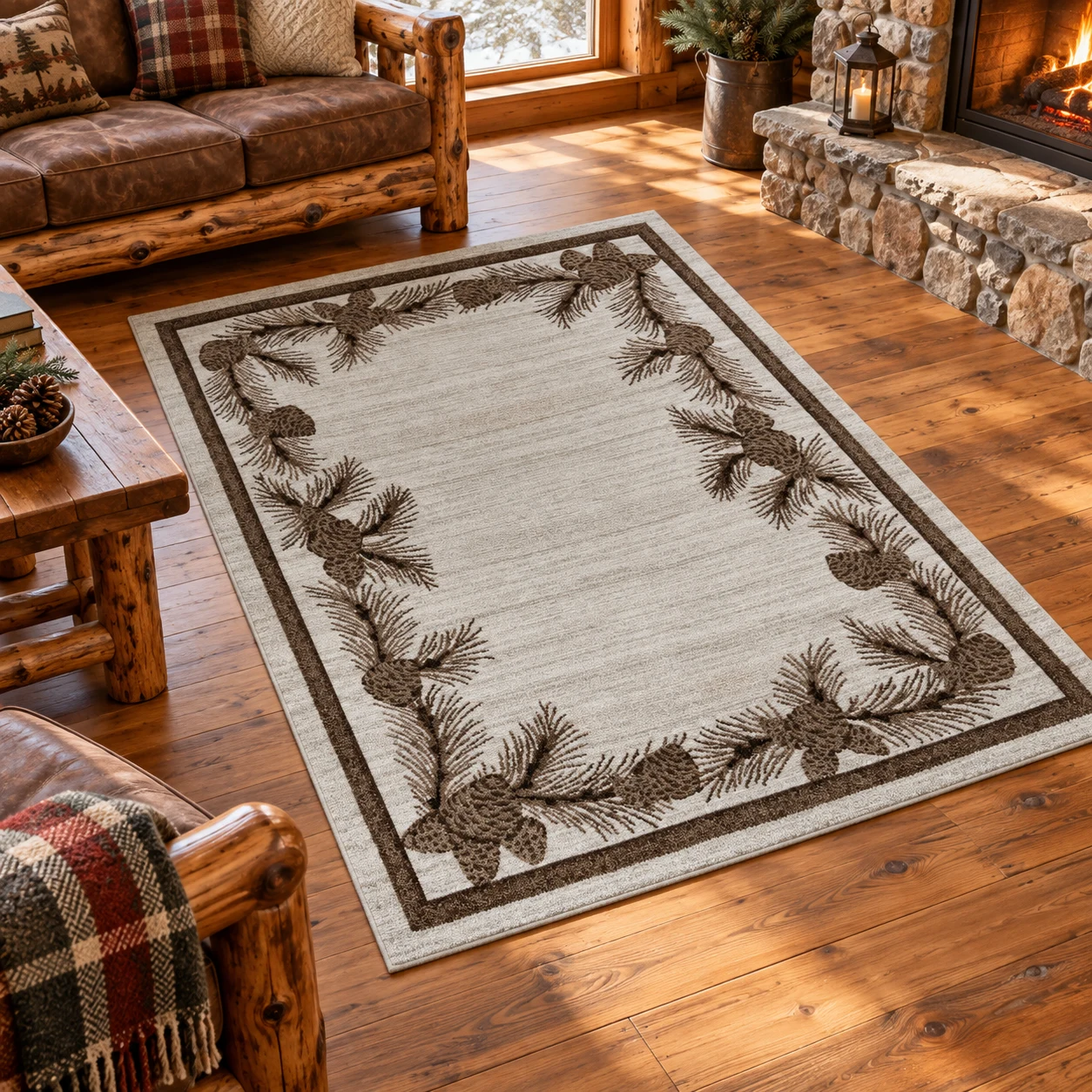 Pine Branch Gray Cabin Rug in a rustic cabin