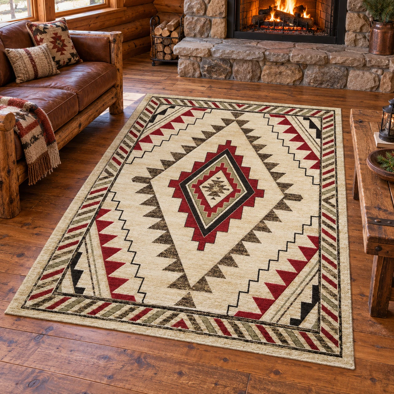 Canyon Ridge Antique Geometric Rug in a rustic cabin