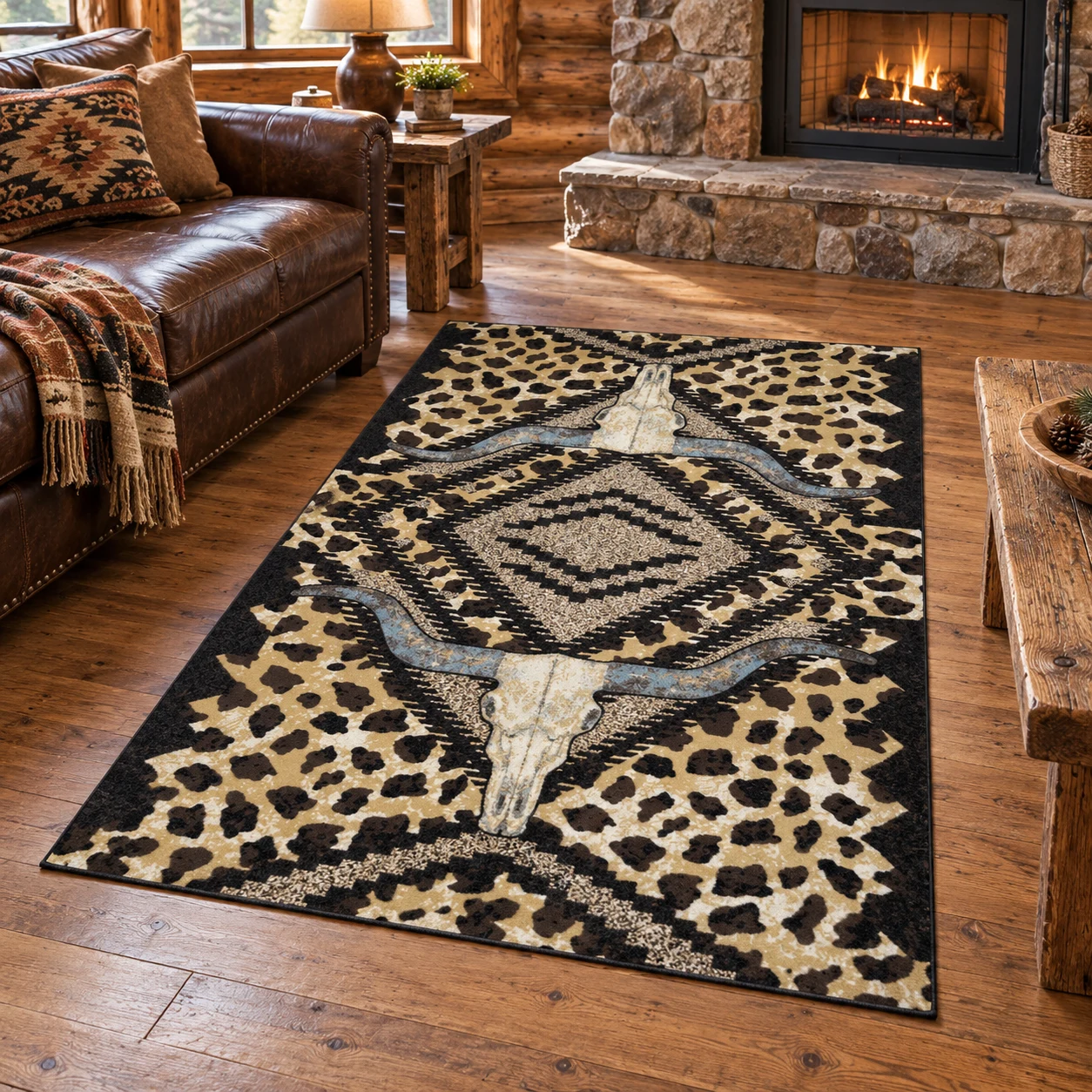 Trail Ranger Brown Cabin Rug in a rustic cabin