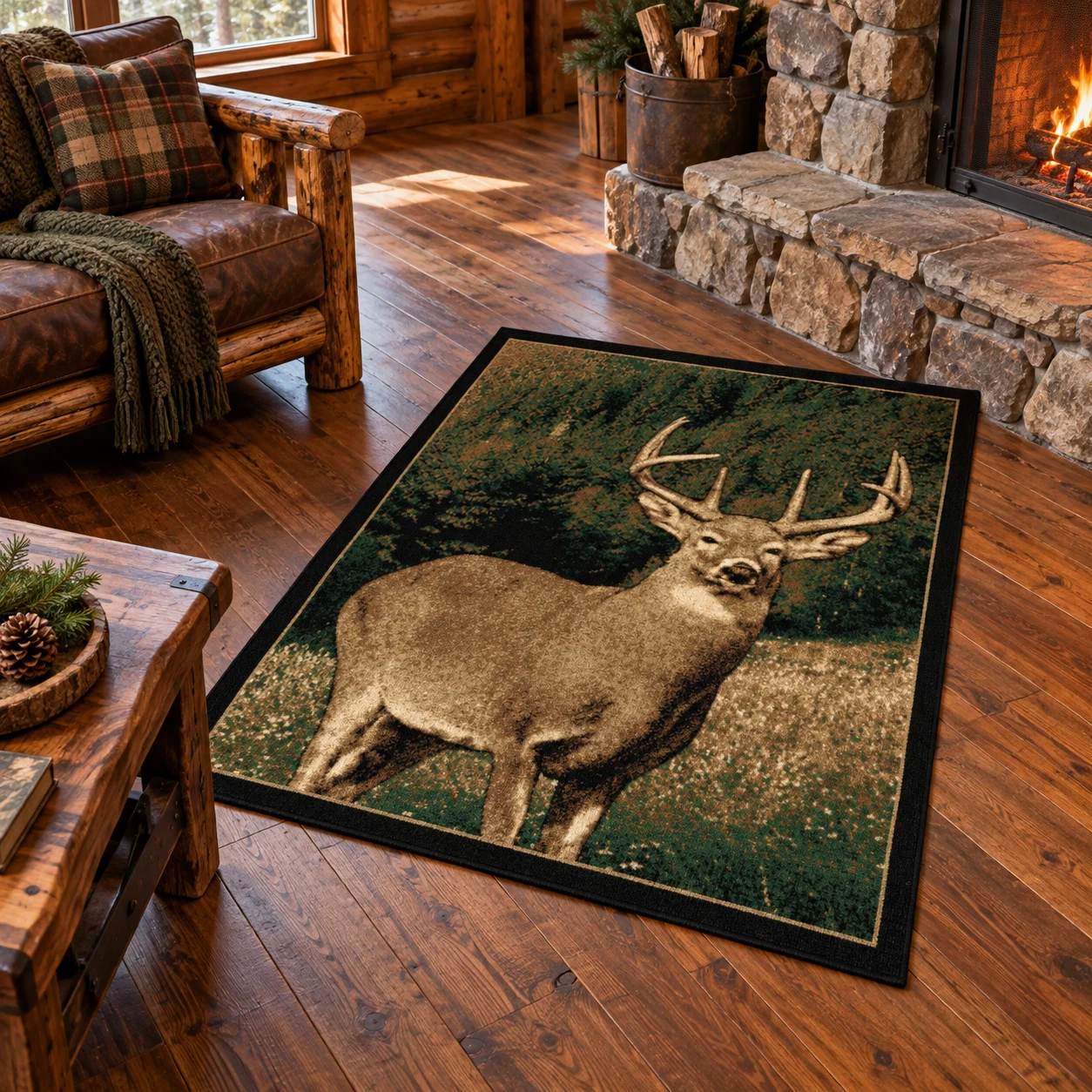 Whitetail Forest Wildlife Rug in a rustic cabin
