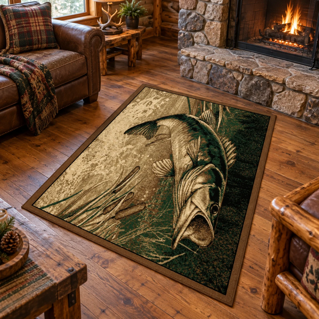 Lakeside Bass Wildlife Rug in a rustic cabin