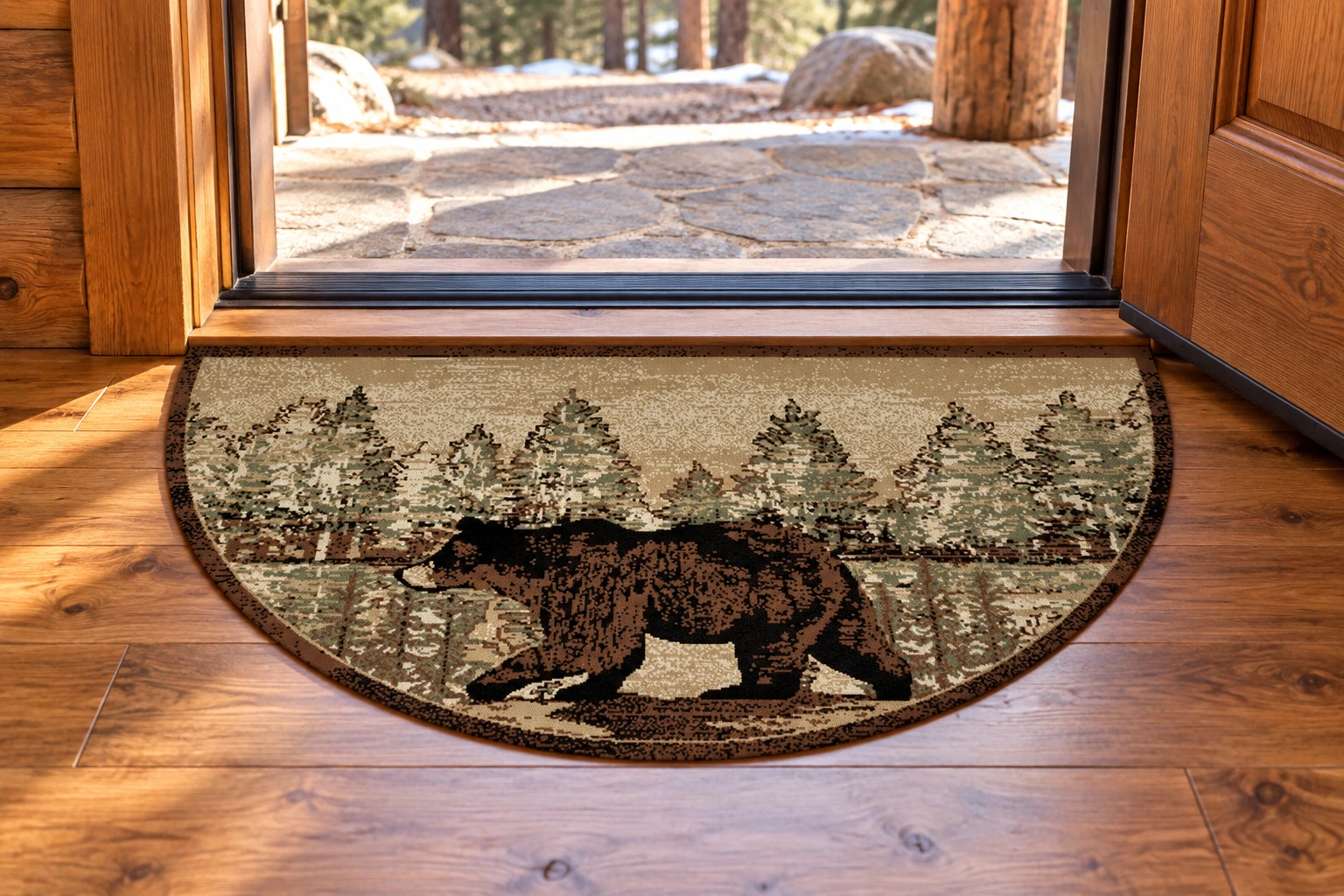 Streamside Bear Wedge Rug in a rustic cabin
