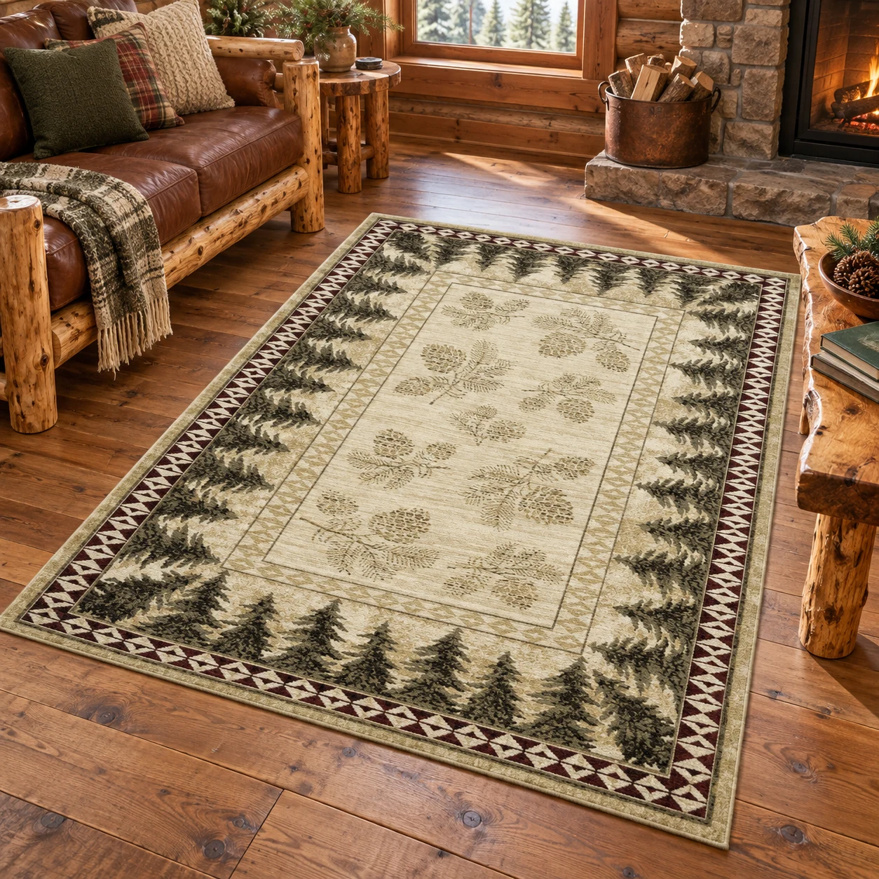 Evergreen Timber Lodge Rug in a rustic cabin