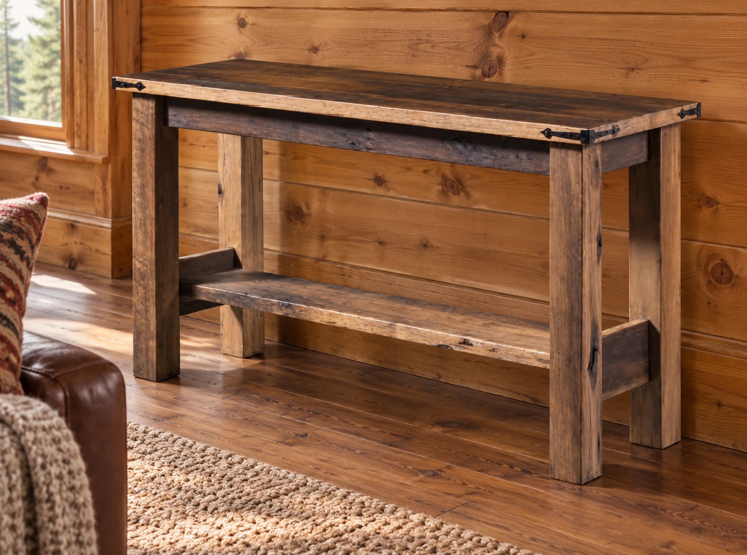 Timber Fork Sofa Console Table in a cabin