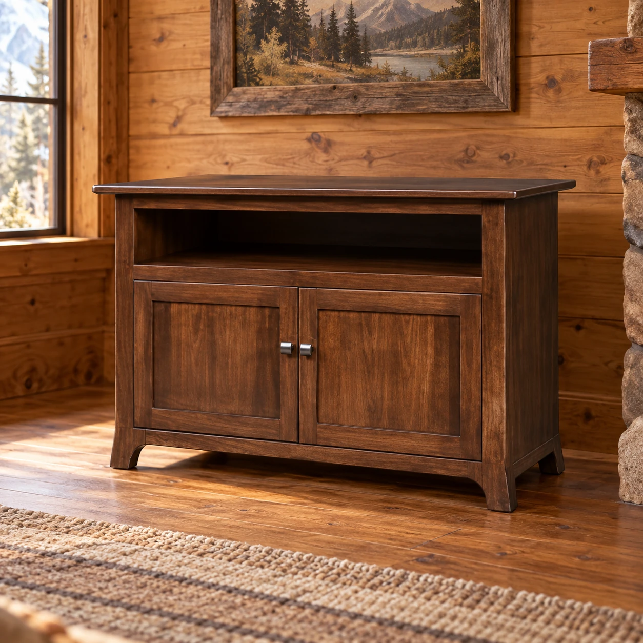 Meadow Glen Brown Maple 44-Inch TV Stand in a cabin living room