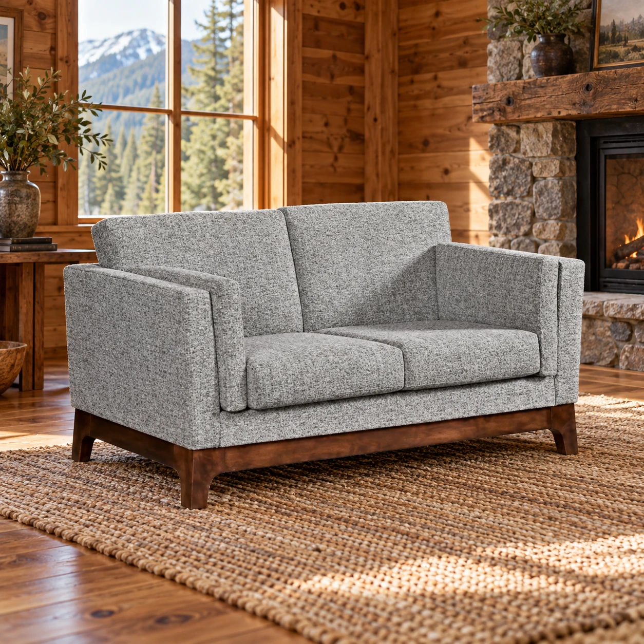 Meadow Glen Brown Maple Loveseat in a cabin living room