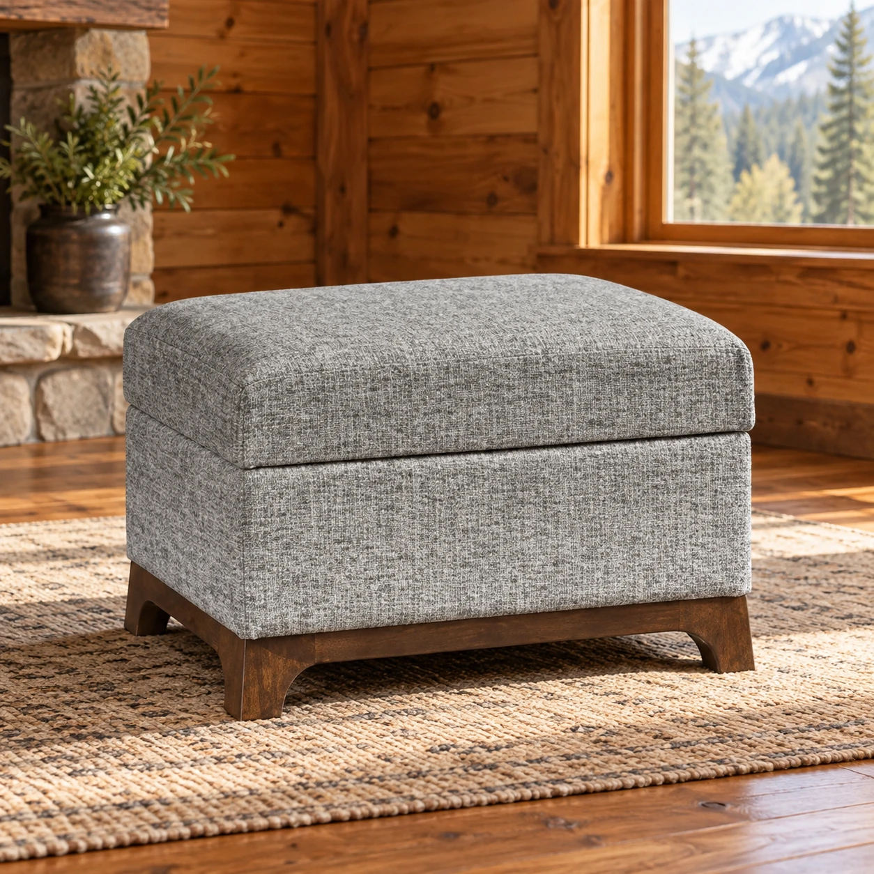 Meadow Glen Brown Maple Storage Ottoman in a cabin living room