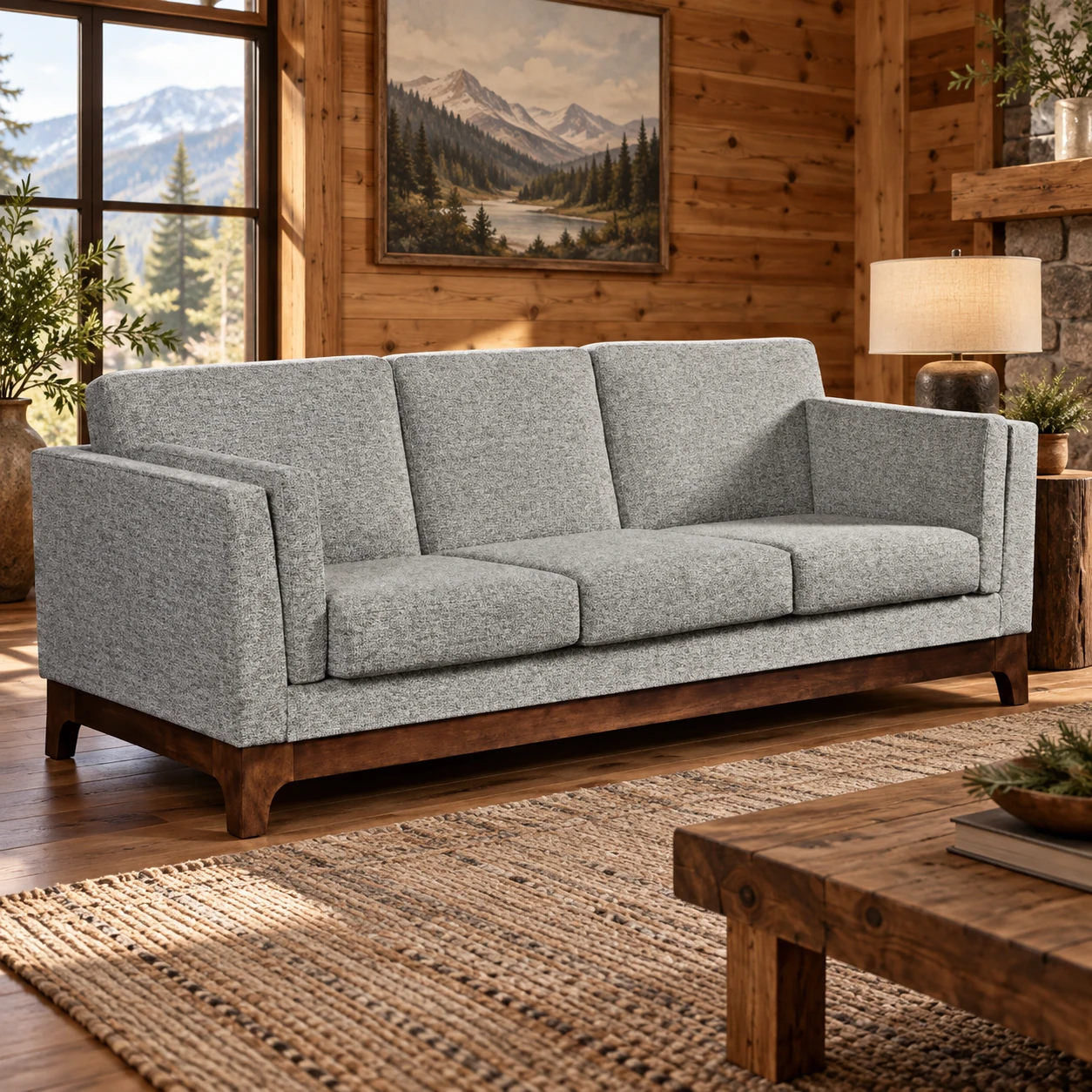 Meadow Glen Brown Maple Sofa in a cabin living room