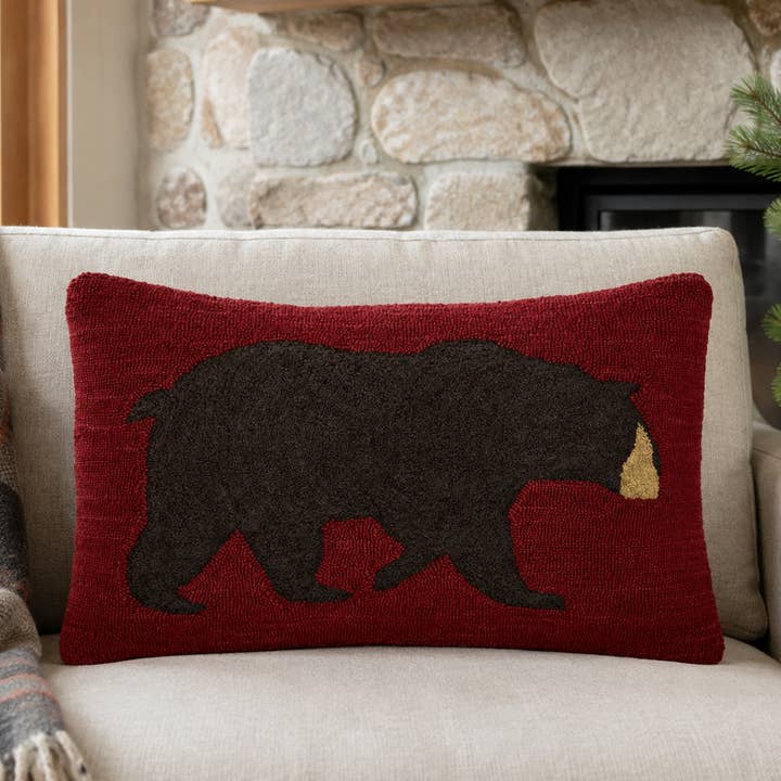 Crimson Bear Hooked Pillow — 14 × 22