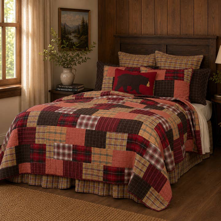 Crimson & Espresso Patchwork Quilt — Queen
