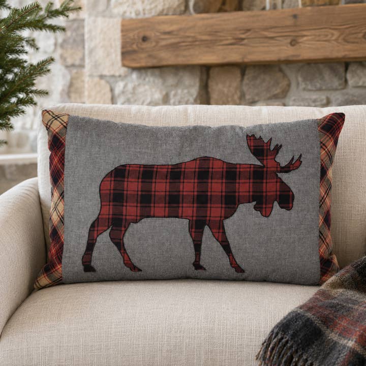 Buffalo Plaid Moose Appliqué Pillow — 14 × 22