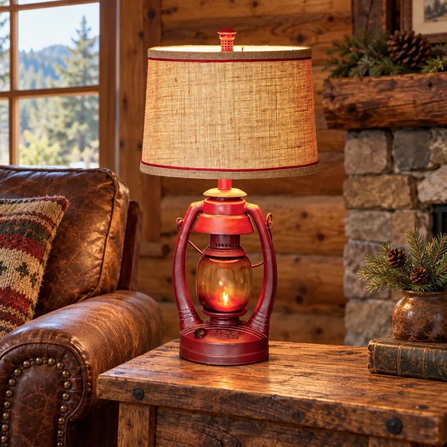 Ember Trail Red Lantern Table Lamp in a rustic cabin