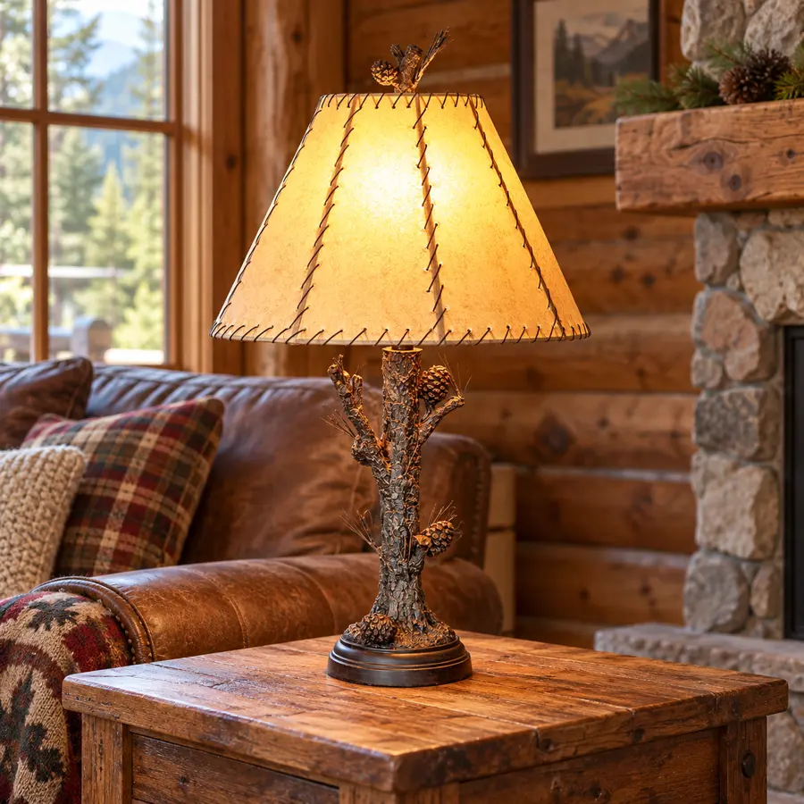 Pinegrove Branch Table Lamp in a rustic cabin