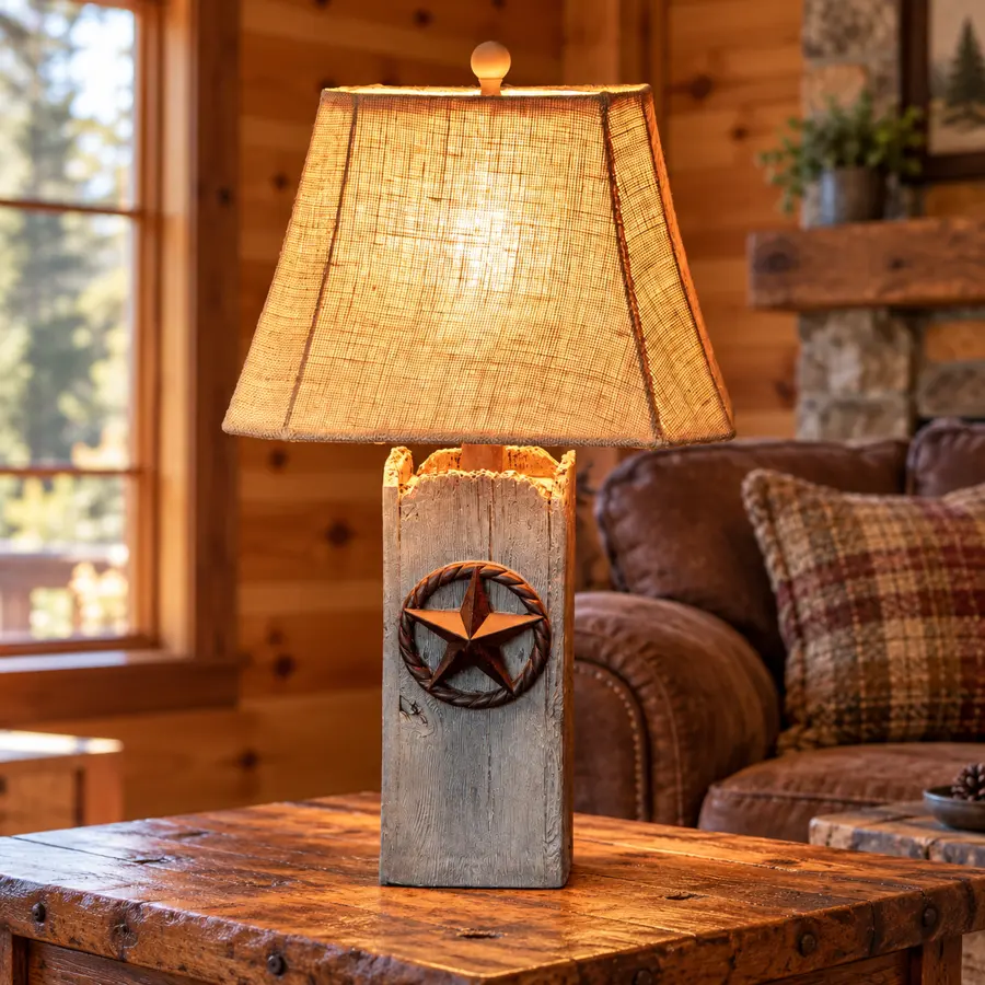 Lone Star Timber Table Lamp in a rustic cabin
