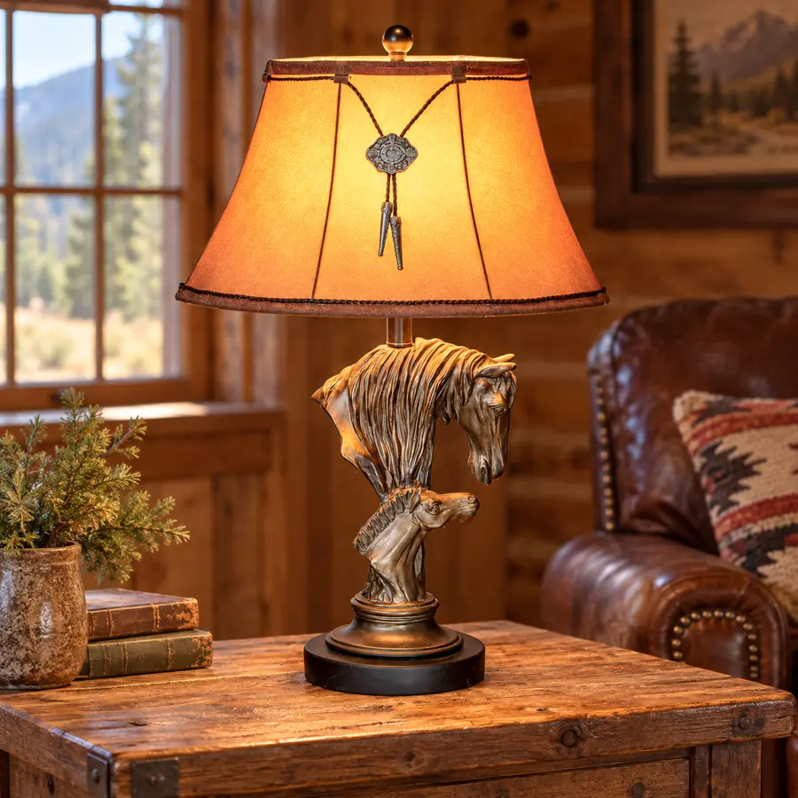 Meadow Mare and Foal Table Lamp in a rustic cabin